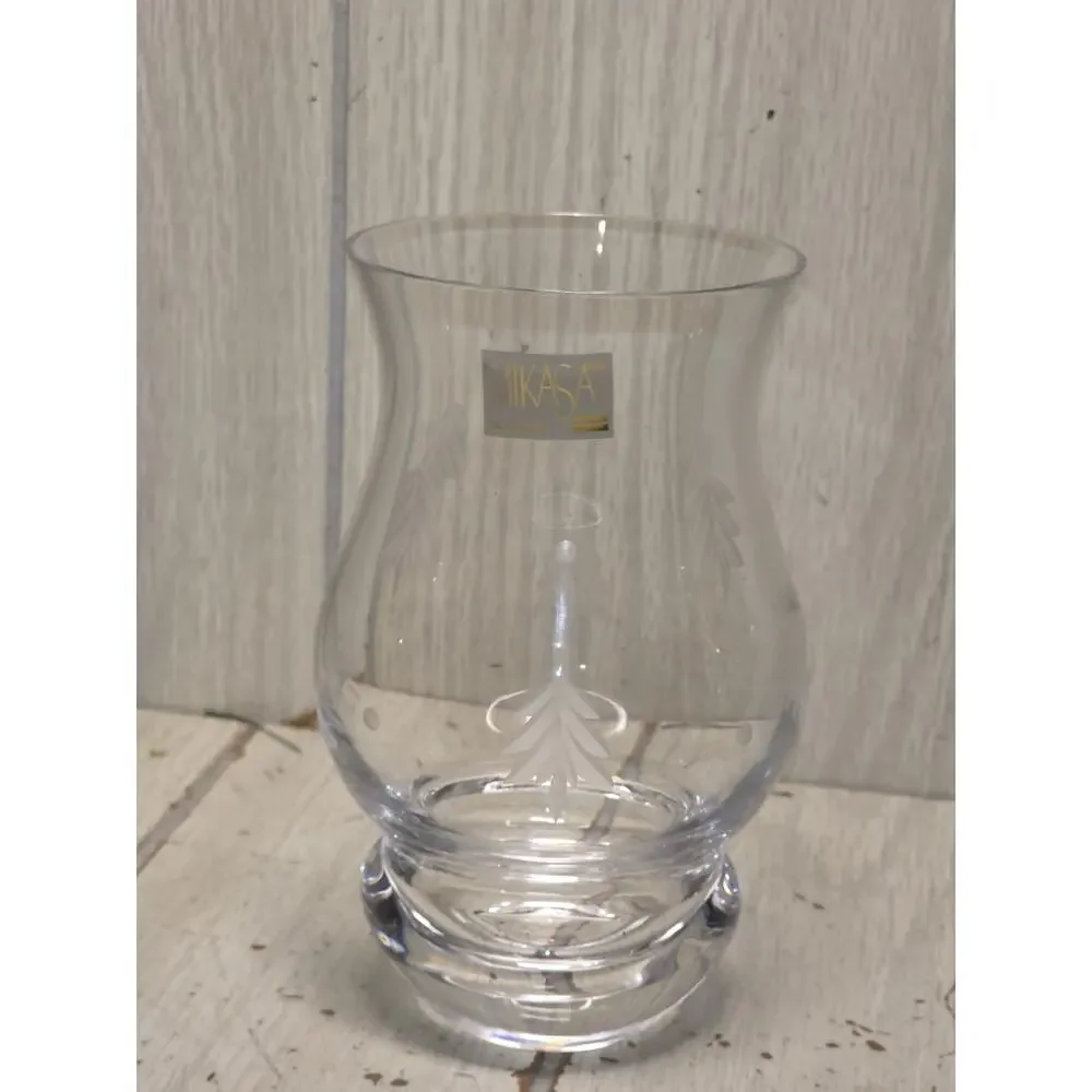 Mikasa Festive Glow Christmas Tree Etched Hurricane Votive Candle Holder Vtg